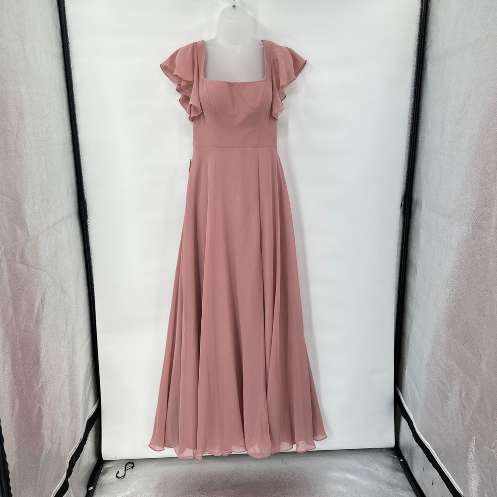 New Azazie Bondi Bridesmaid Dress size 4 Dusty Rose Flutter Sleeve Chiffon Maxi